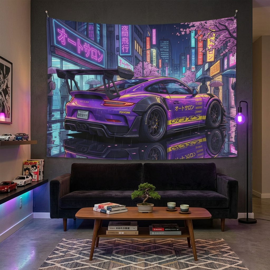 Porsche 911 GT3 RS JDM Car Wall Art Neon Tapestry