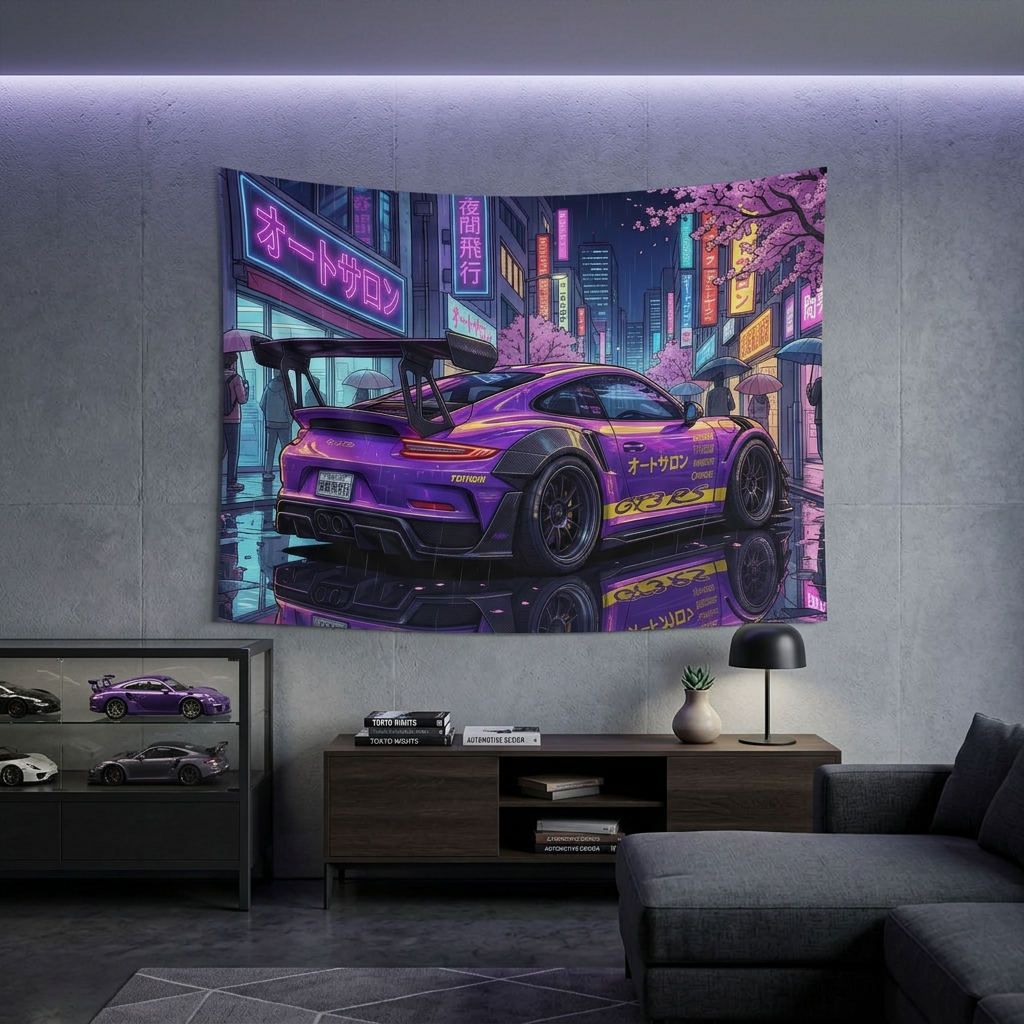 Porsche 911 GT3 RS JDM Car Wall Art Neon Tapestry