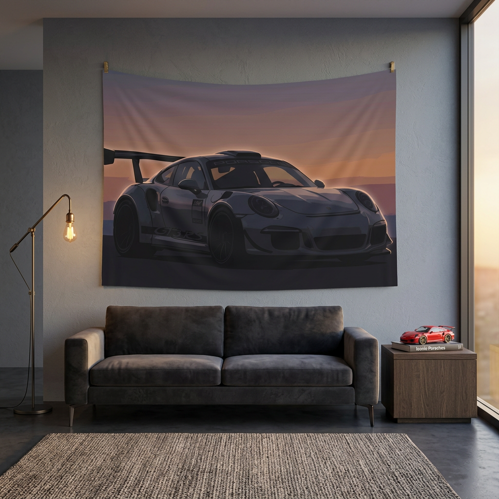 Porsche 911 GT3 RS Minimalist Sunset Car Wall Art Tapestry