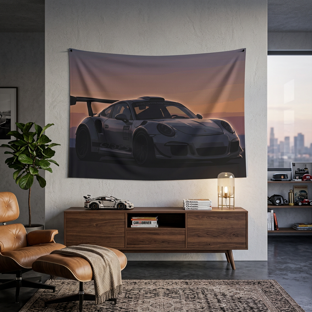 Porsche 911 GT3 RS Minimalist Sunset Car Wall Art Tapestry
