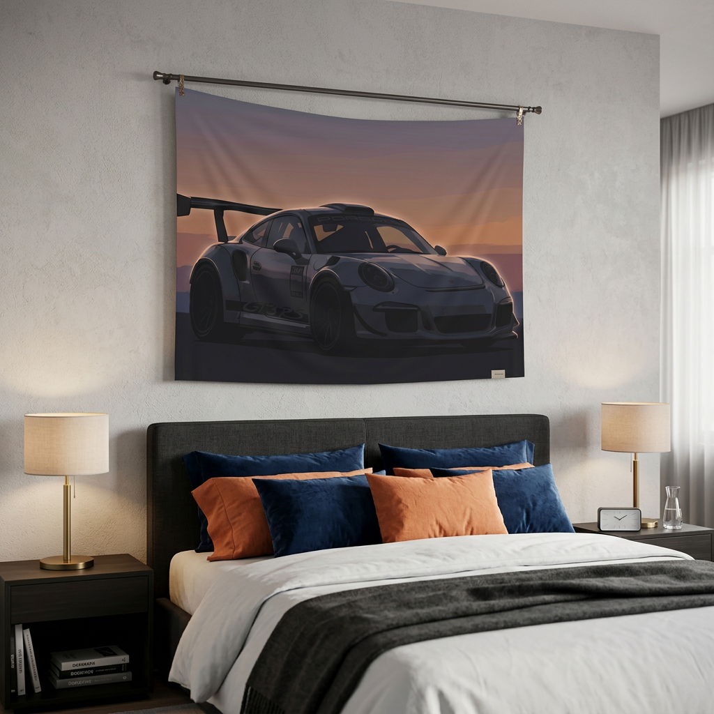 Porsche 911 GT3 RS Minimalist Sunset Car Wall Art Tapestry