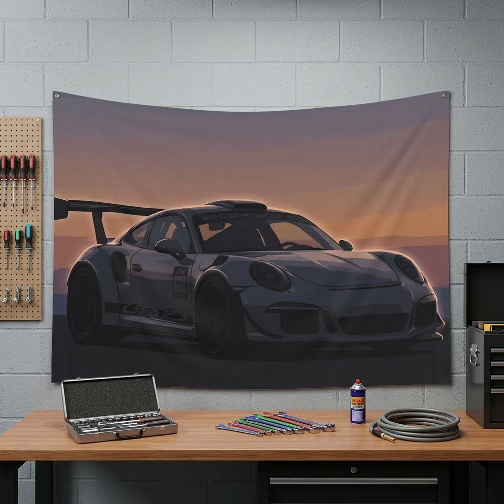 Porsche 911 GT3 RS Minimalist Sunset Car Wall Art Tapestry