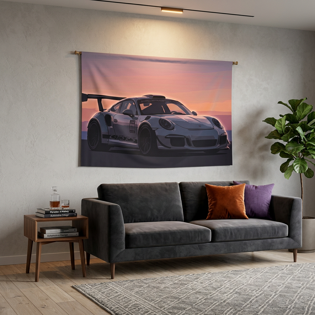 Porsche 911 GT3 RS Minimalist Sunset Car Wall Art Tapestry
