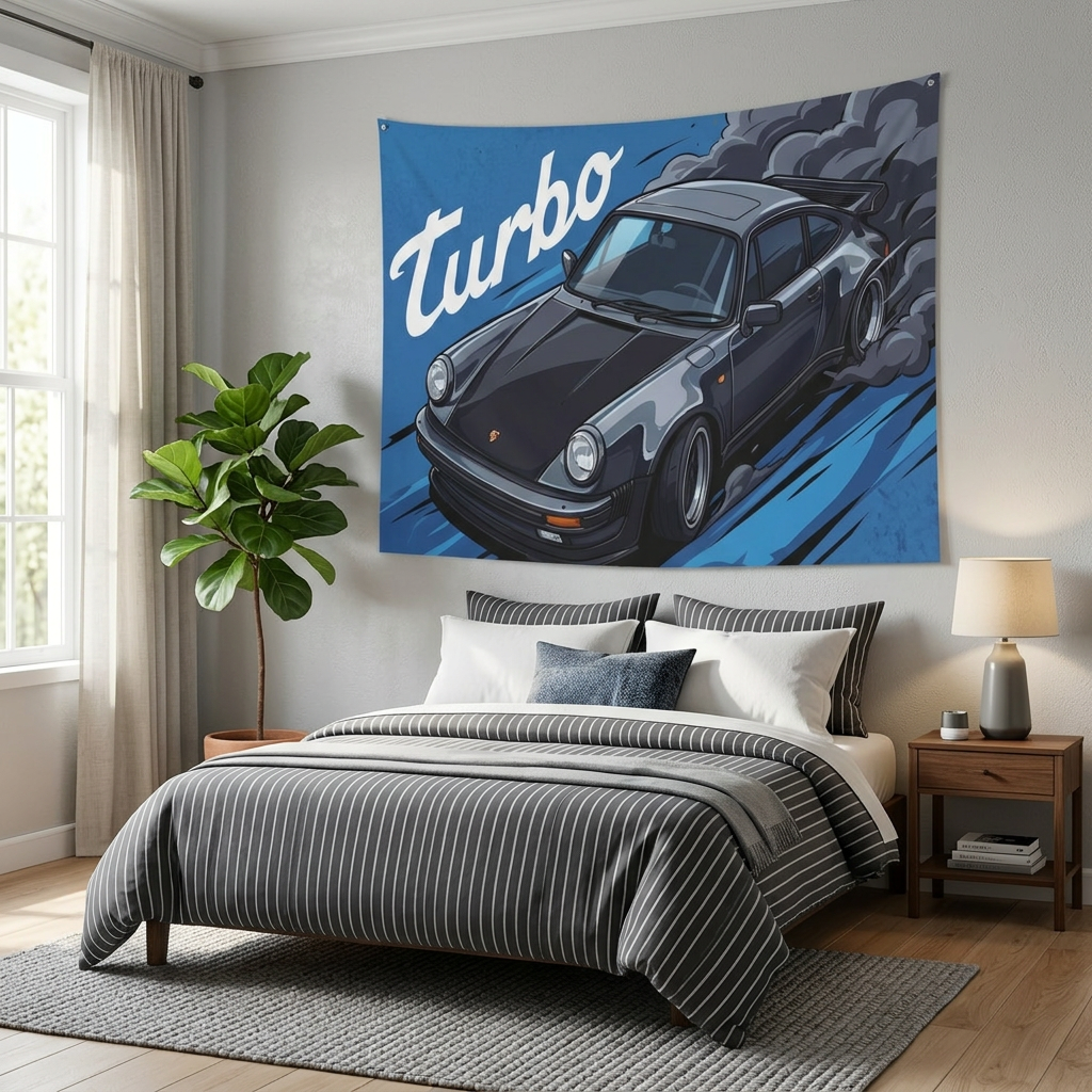 Porsche 911 Turbo 930 Dark Grey Classic Aerial Bold Graphic Car Wall Art Tapestry