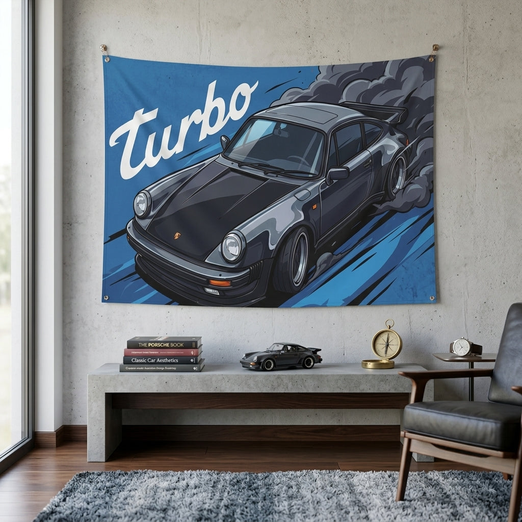 Porsche 911 Turbo 930 Dark Grey Classic Aerial Bold Graphic Car Wall Art Tapestry