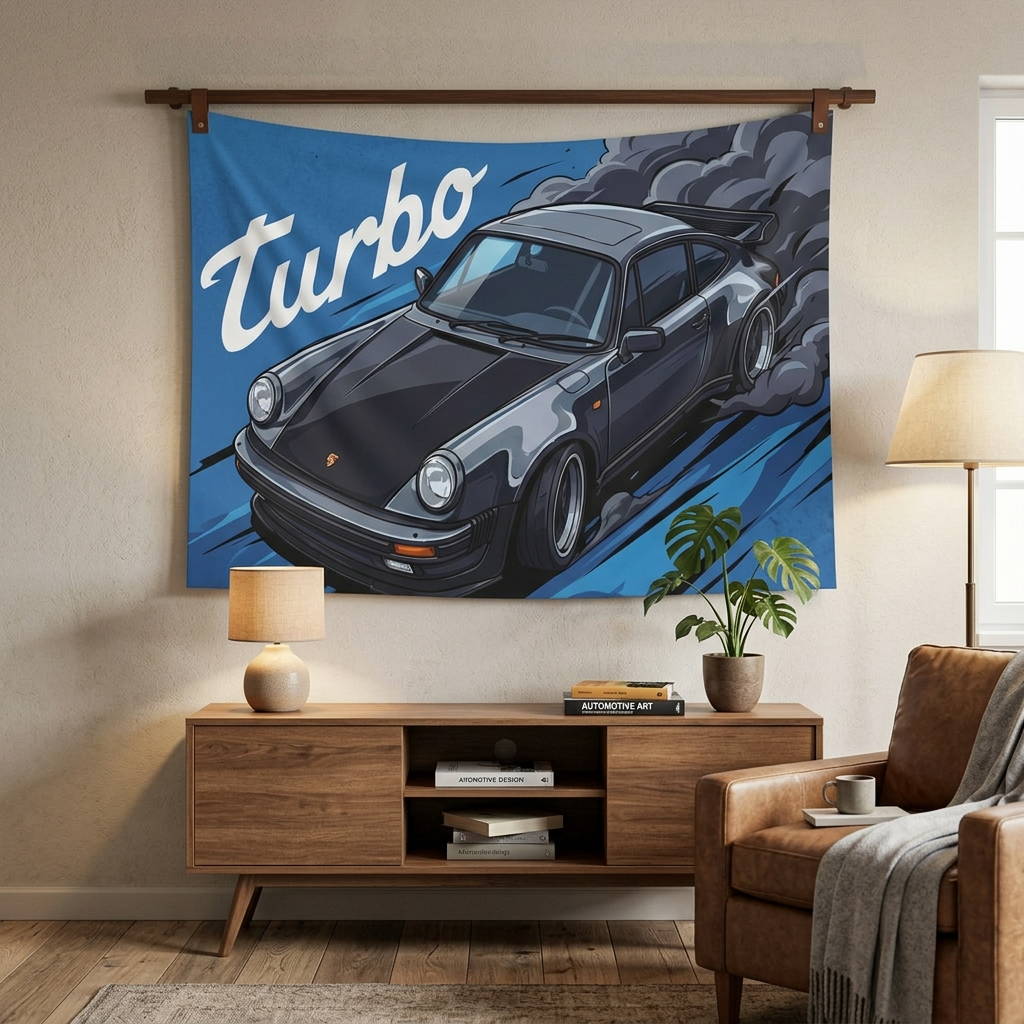 Porsche 911 Turbo 930 Dark Grey Classic Aerial Bold Graphic Car Wall Art Tapestry