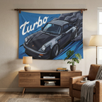 Porsche 911 Turbo 930 Dark Grey Classic Aerial Bold Graphic Car Wall Art Tapestry