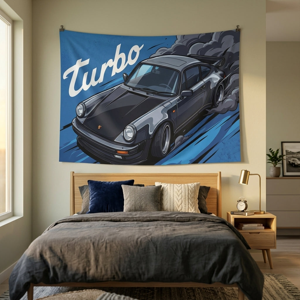 Porsche 911 Turbo 930 Dark Grey Classic Aerial Bold Graphic Car Wall Art Tapestry