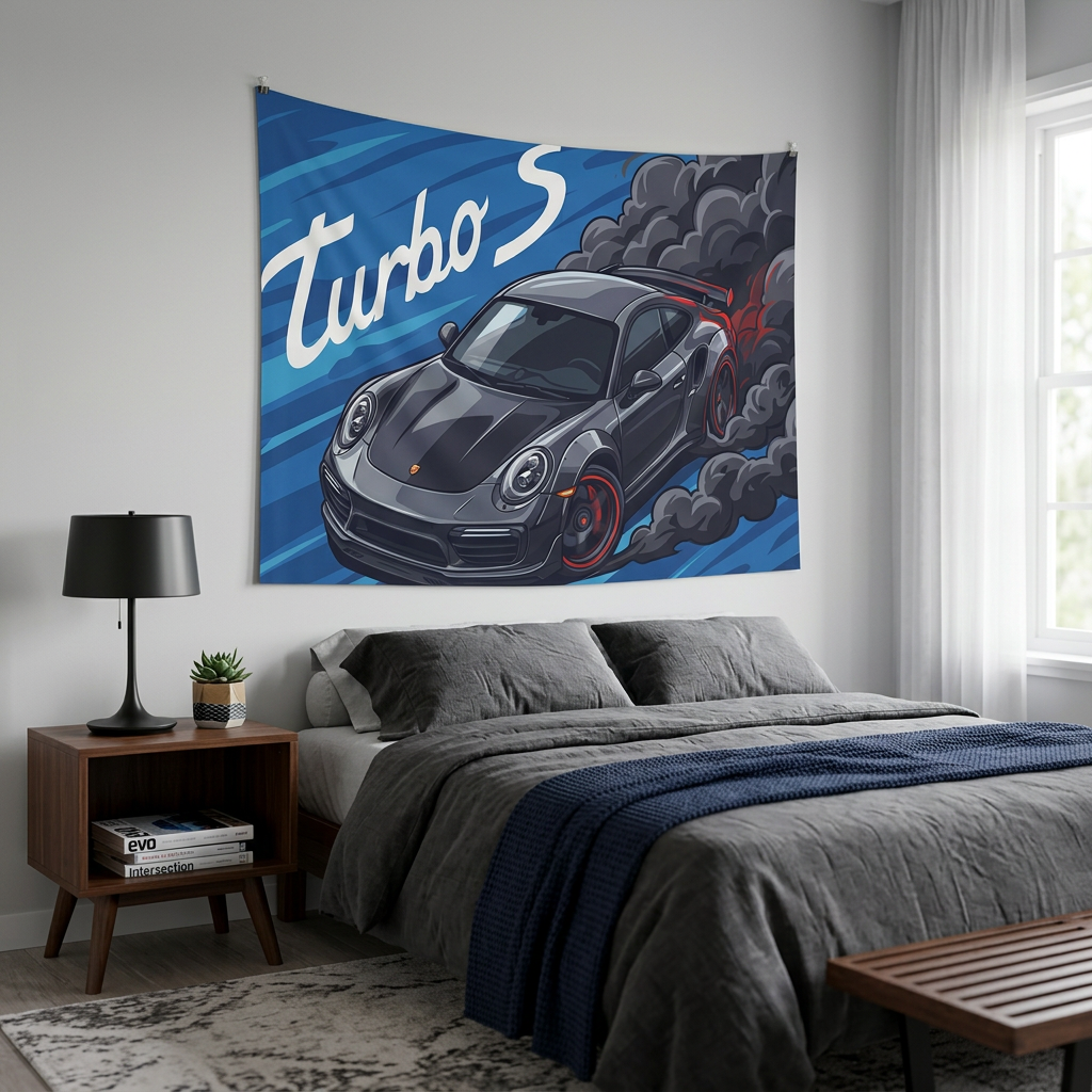 Porsche 911 Turbo S 991 Grey Red Accent Aerial Bold Graphic Car Wall Art Tapestry
