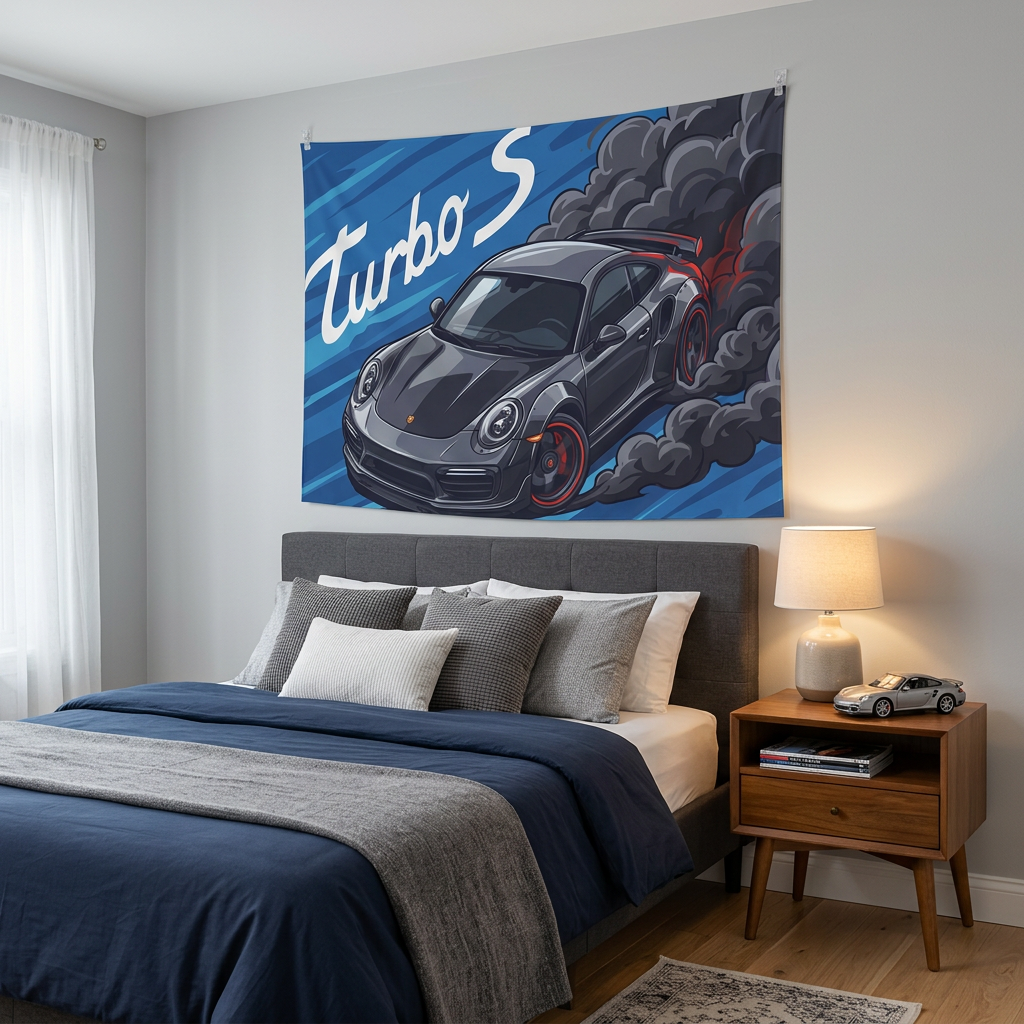 Porsche 911 Turbo S 991 Grey Red Accent Aerial Bold Graphic Car Wall Art Tapestry