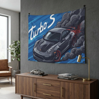 Porsche 911 Turbo S 991 Grey Red Accent Aerial Bold Graphic Car Wall Art Tapestry