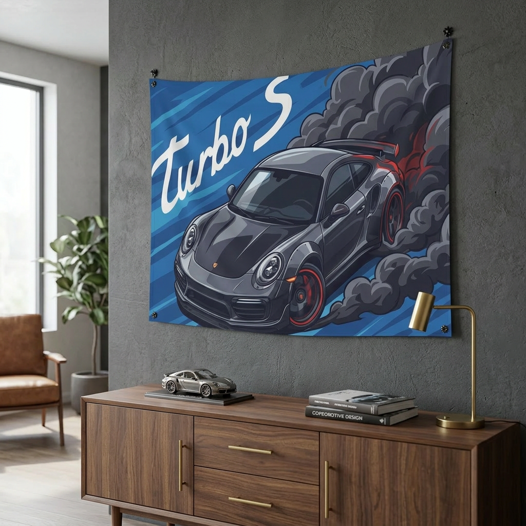 Porsche 911 Turbo S 991 Grey Red Accent Aerial Bold Graphic Car Wall Art Tapestry