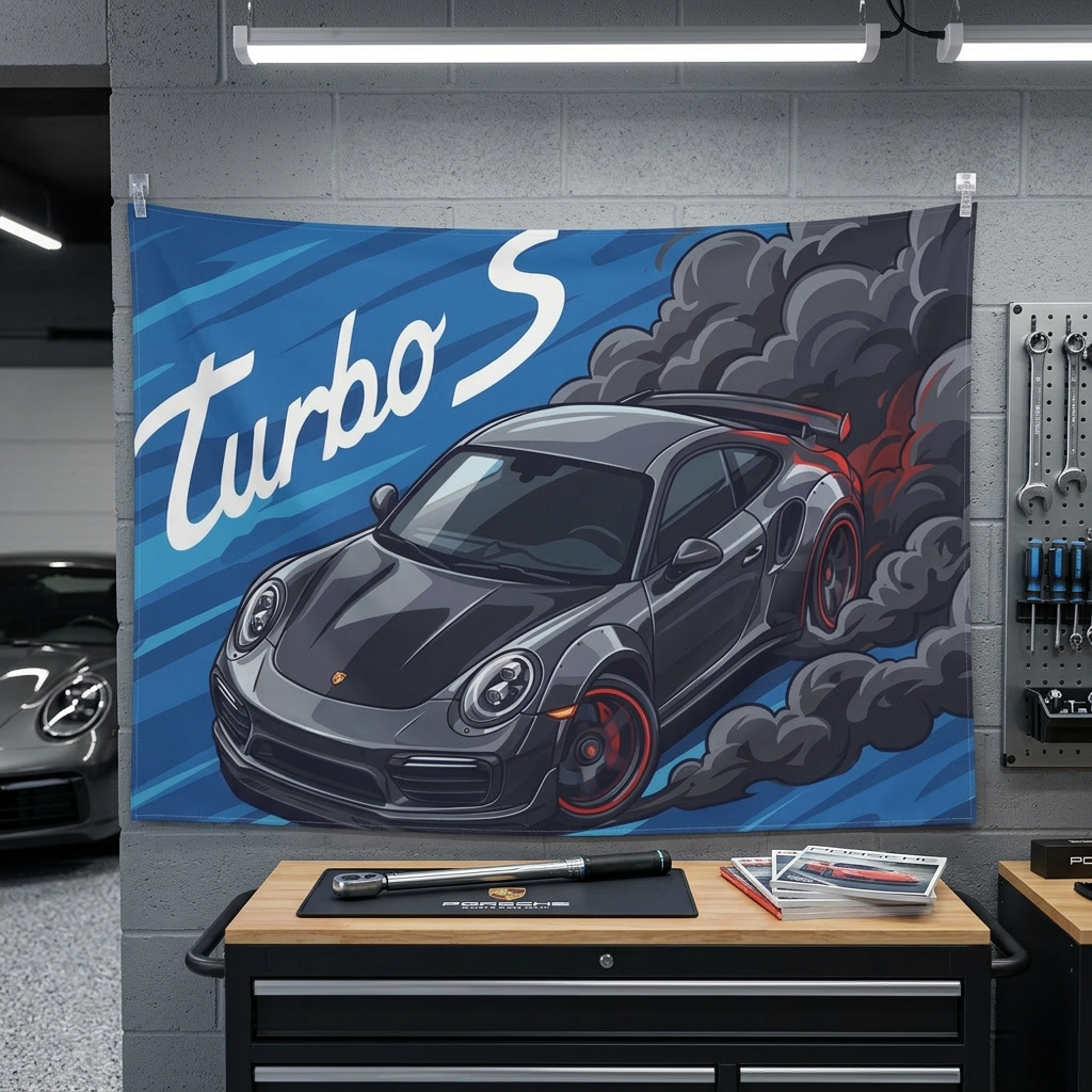 Porsche 911 Turbo S 991 Grey Red Accent Aerial Bold Graphic Car Wall Art Tapestry