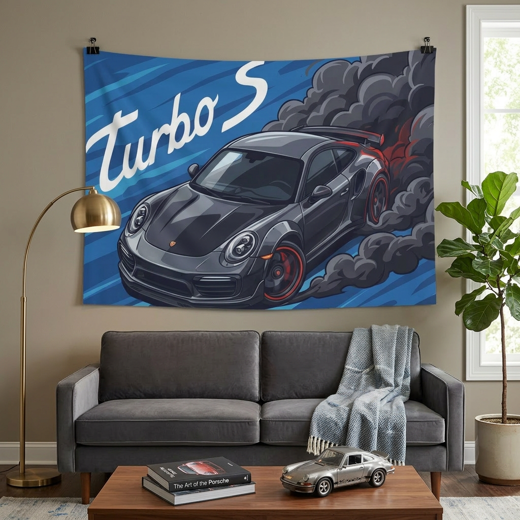 Porsche 911 Turbo S 991 Grey Red Accent Aerial Bold Graphic Car Wall Art Tapestry