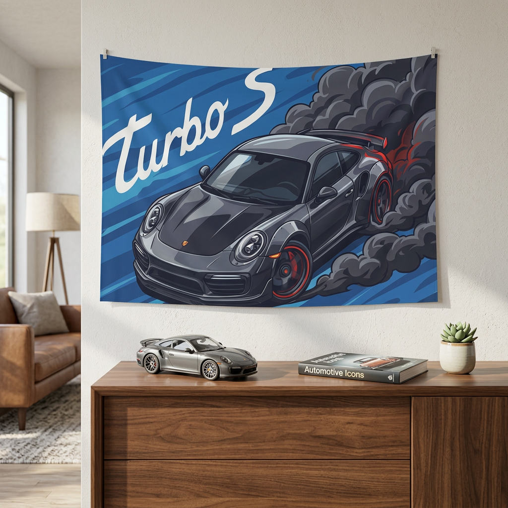 Porsche 911 Turbo S 991 Grey Red Accent Aerial Bold Graphic Car Wall Art Tapestry