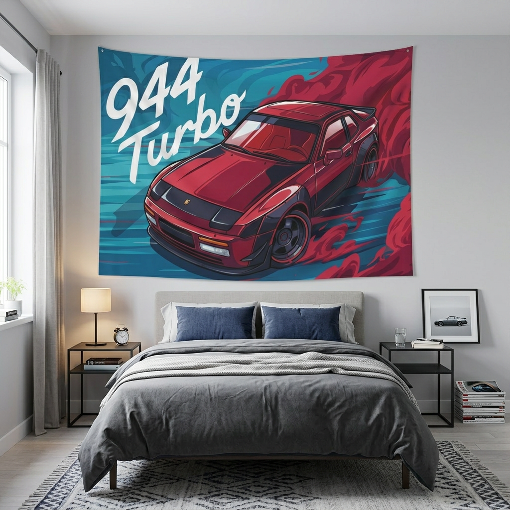 Porsche 944 Turbo Red Widebody Aerial Bold Graphic Car Wall Art Tapestry