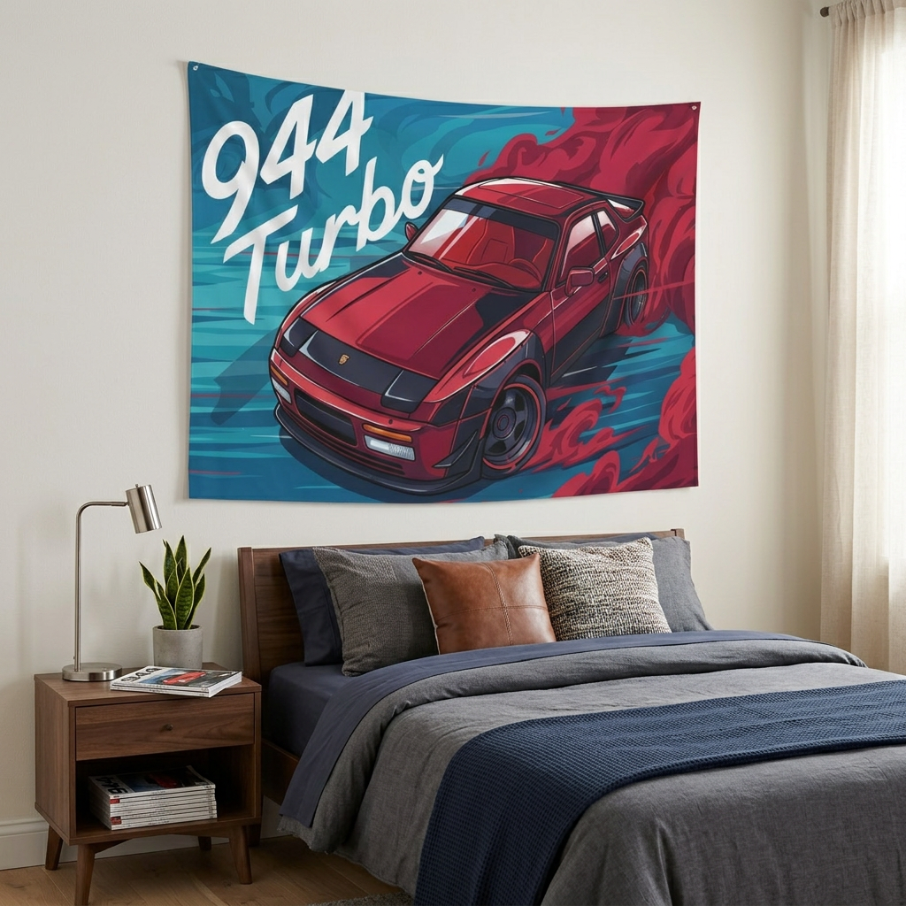 Porsche 944 Turbo Red Widebody Aerial Bold Graphic Car Wall Art Tapestry