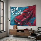 Porsche 944 Turbo Red Widebody Aerial Bold Graphic Car Wall Art Tapestry