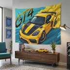 Porsche Cayman GT4 718 Yellow Black Stripe Aerial Bold Graphic Car Wall Art Tapestry