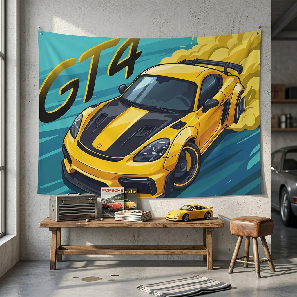 Porsche Cayman GT4 718 Yellow Black Stripe Aerial Bold Graphic Car Wall Art Tapestry