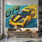 Porsche Cayman GT4 718 Yellow Black Stripe Aerial Bold Graphic Car Wall Art Tapestry