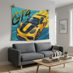 Porsche Cayman GT4 718 Yellow Black Stripe Aerial Bold Graphic Car Wall Art Tapestry