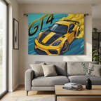 Porsche Cayman GT4 718 Yellow Black Stripe Aerial Bold Graphic Car Wall Art Tapestry