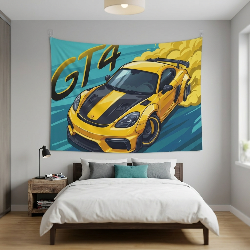 Porsche Cayman GT4 718 Yellow Black Stripe Aerial Bold Graphic Car Wall Art Tapestry
