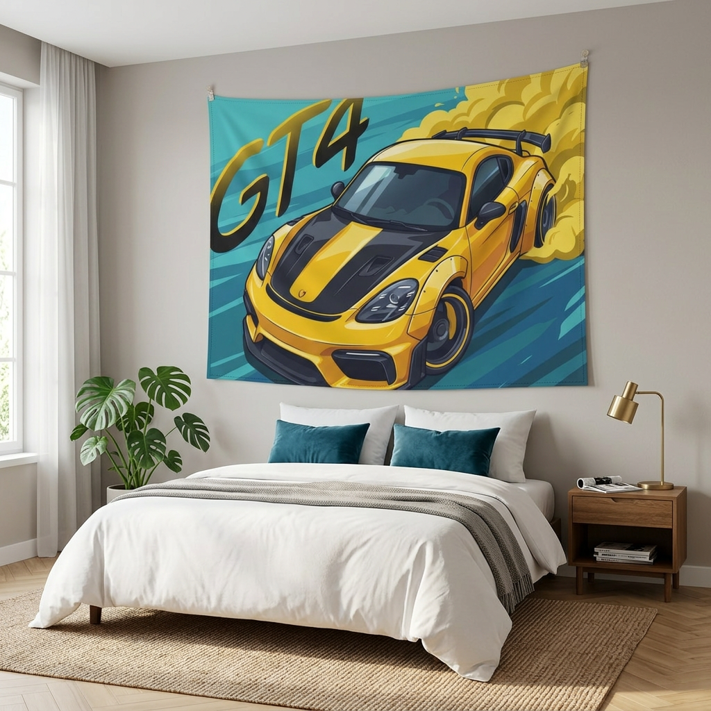 Porsche Cayman GT4 718 Yellow Black Stripe Aerial Bold Graphic Car Wall Art Tapestry