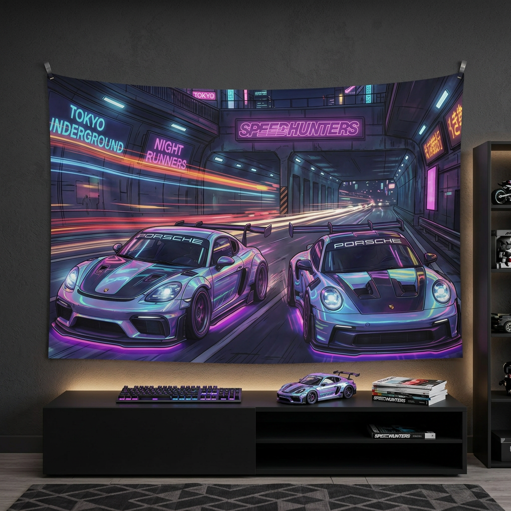 Porsche Cayman GT4 & 911 GT3 Cyberpunk Neon Car Wall Art Tapestry
