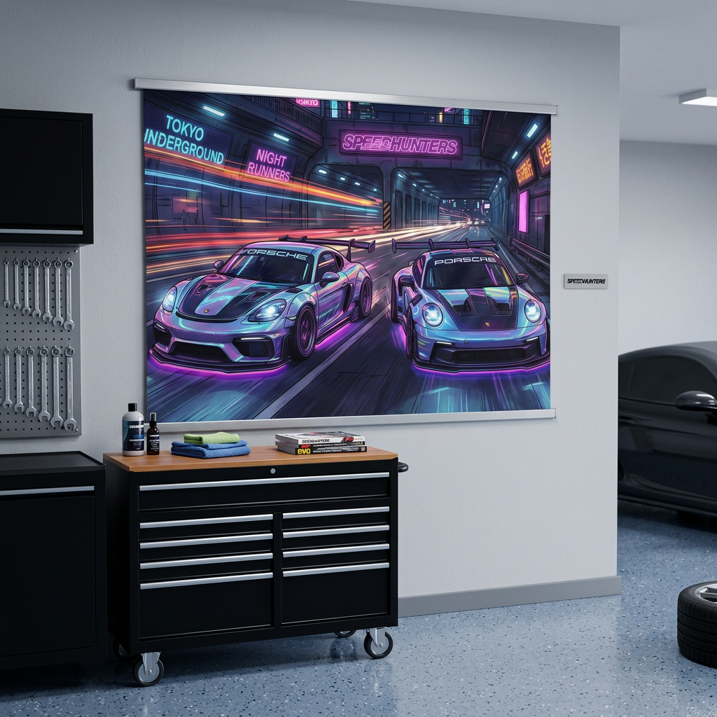 Porsche Cayman GT4 & 911 GT3 Cyberpunk Neon Car Wall Art Tapestry