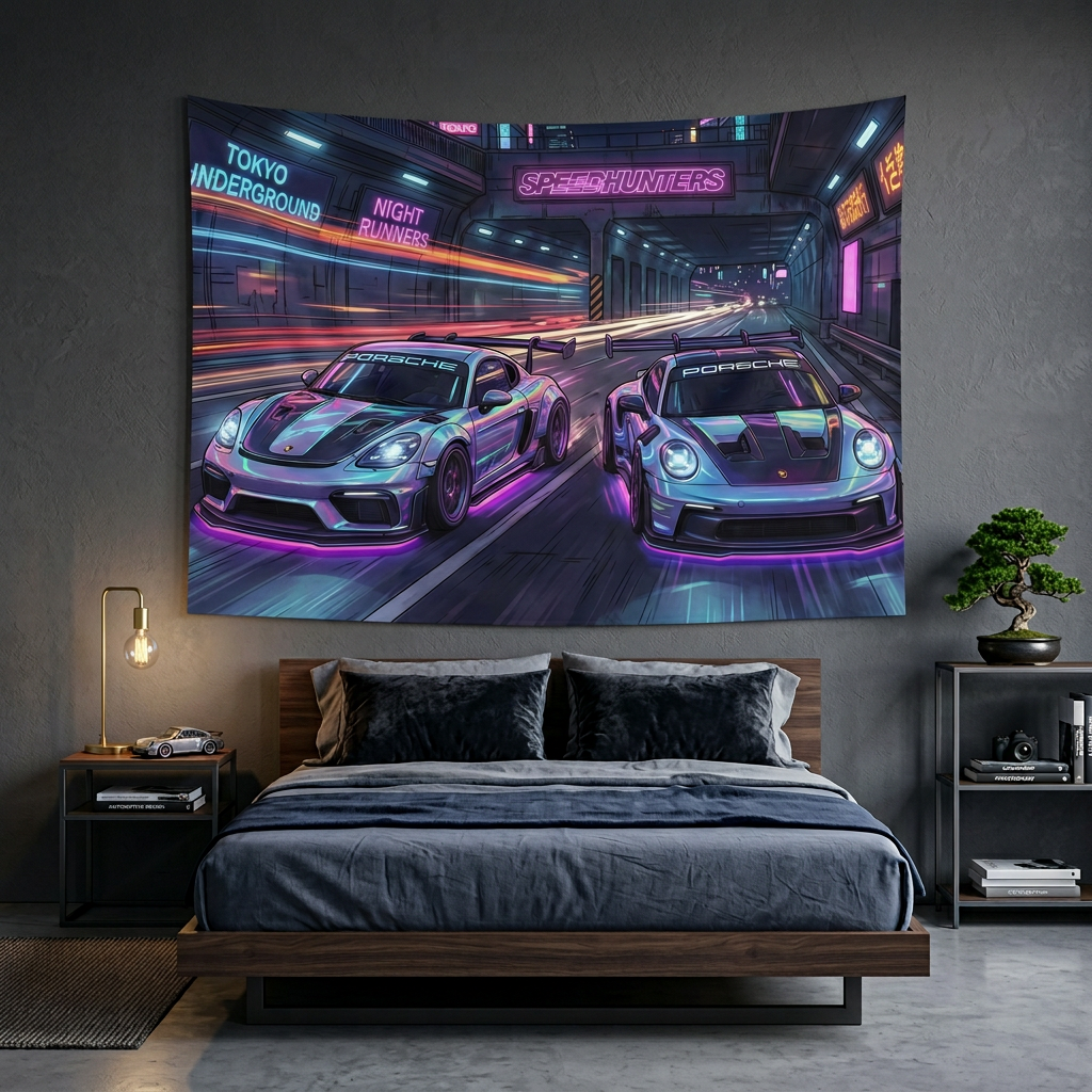 Porsche Cayman GT4 & 911 GT3 Cyberpunk Neon Car Wall Art Tapestry