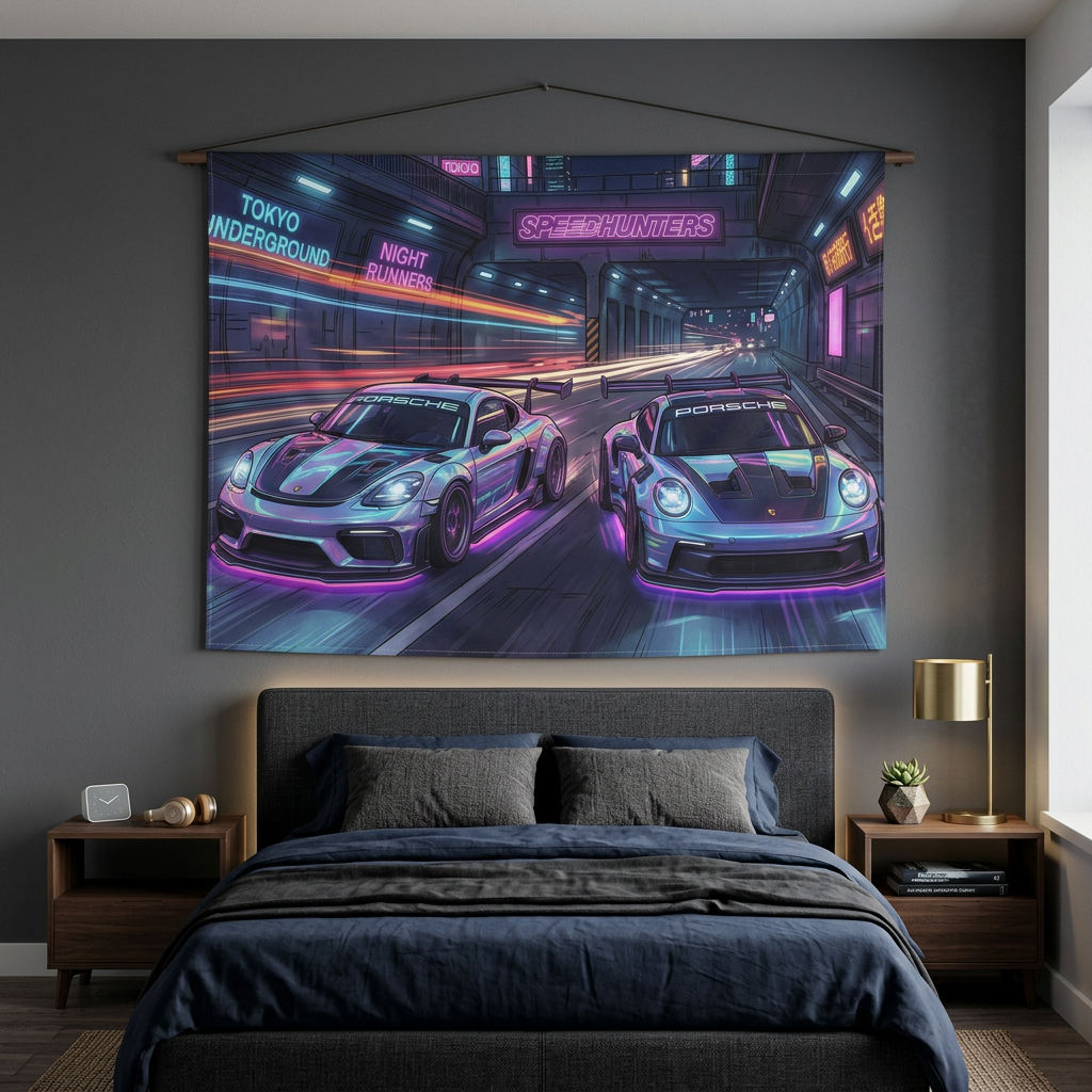 Porsche Cayman GT4 & 911 GT3 Cyberpunk Neon Car Wall Art Tapestry
