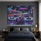 Porsche Cayman GT4 & 911 GT3 Cyberpunk Neon Car Wall Art Tapestry