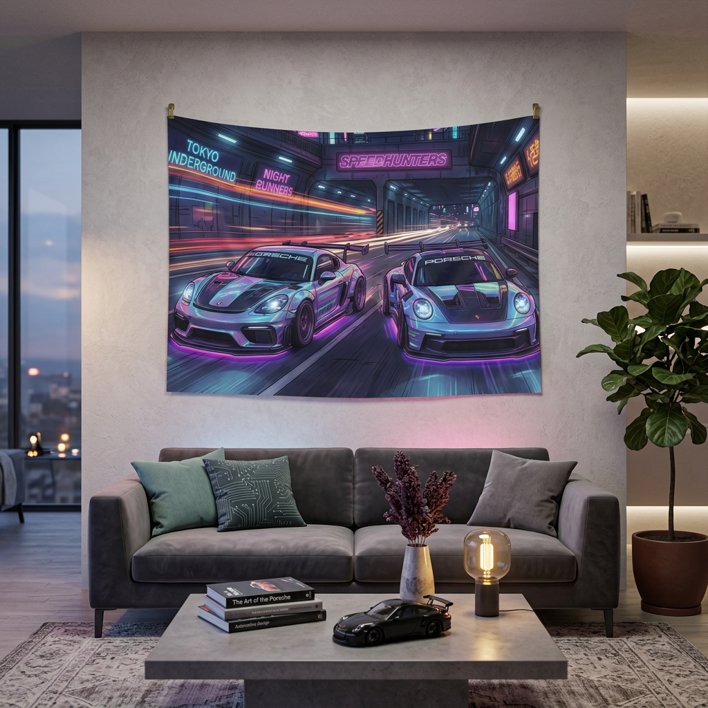 Porsche Cayman GT4 & 911 GT3 Cyberpunk Neon Car Wall Art Tapestry