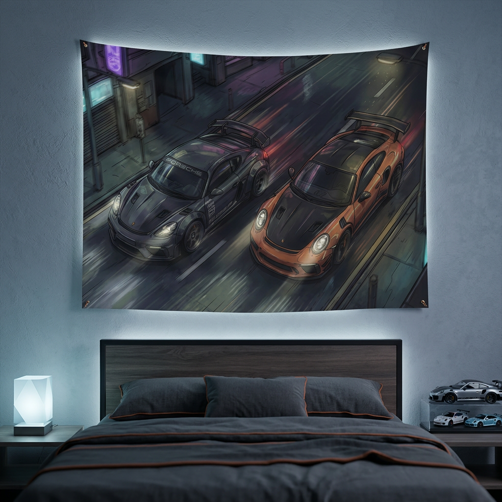 Porsche Cayman GT4 & 911 GT3 RS Night Drive Car Wall Art Tapestry