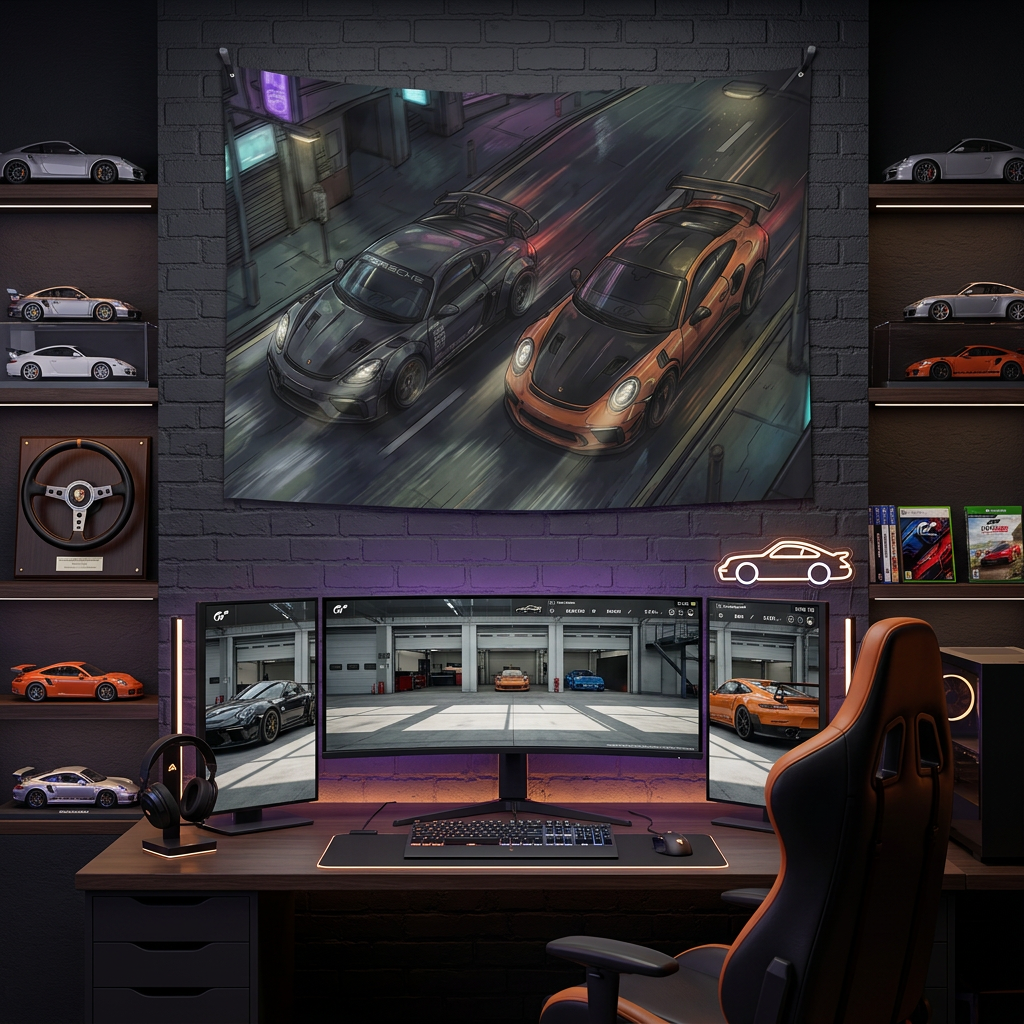 Porsche Cayman GT4 & 911 GT3 RS Night Drive Car Wall Art Tapestry
