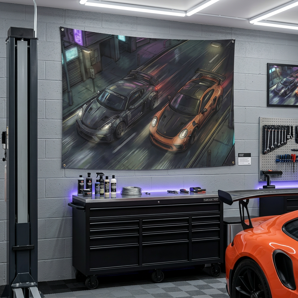 Porsche Cayman GT4 & 911 GT3 RS Night Drive Car Wall Art Tapestry