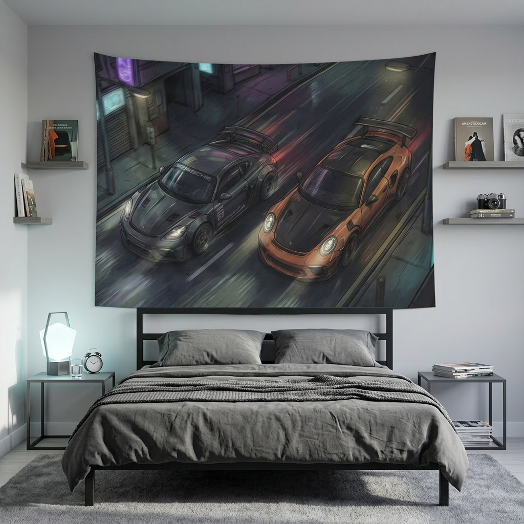 Porsche Cayman GT4 & 911 GT3 RS Night Drive Car Wall Art Tapestry