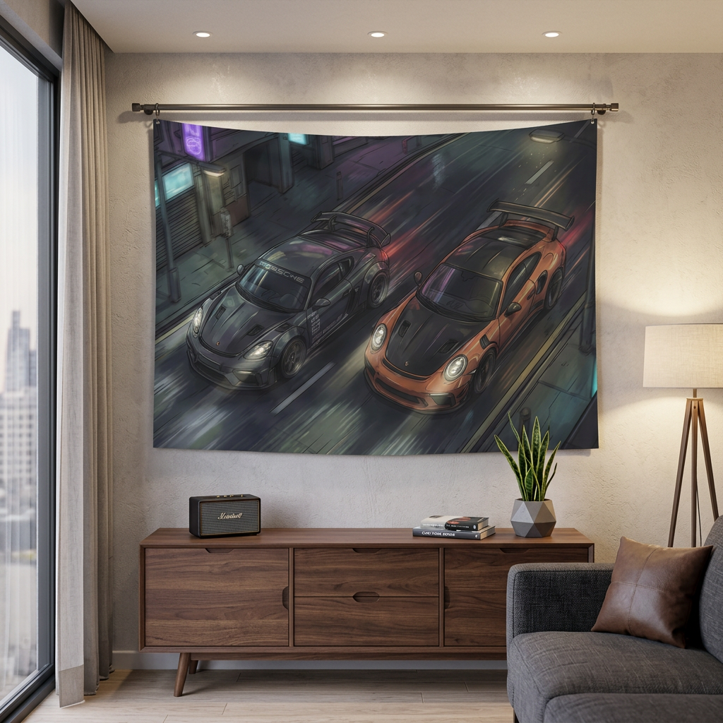 Porsche Cayman GT4 & 911 GT3 RS Night Drive Car Wall Art Tapestry