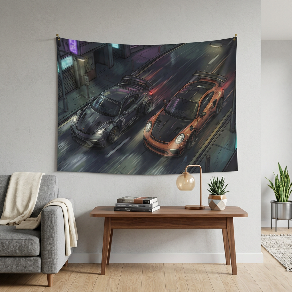Porsche Cayman GT4 & 911 GT3 RS Night Drive Car Wall Art Tapestry