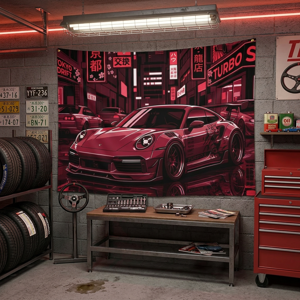 Porsche 911 JDM Tokyo Wall Art Neon Street Racing Tapestry
