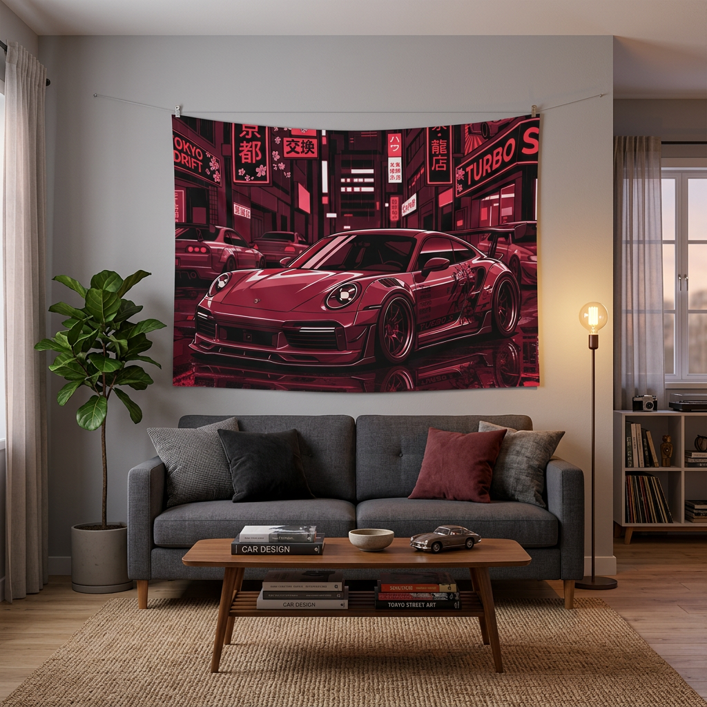 Porsche 911 JDM Tokyo Wall Art Neon Street Racing Tapestry
