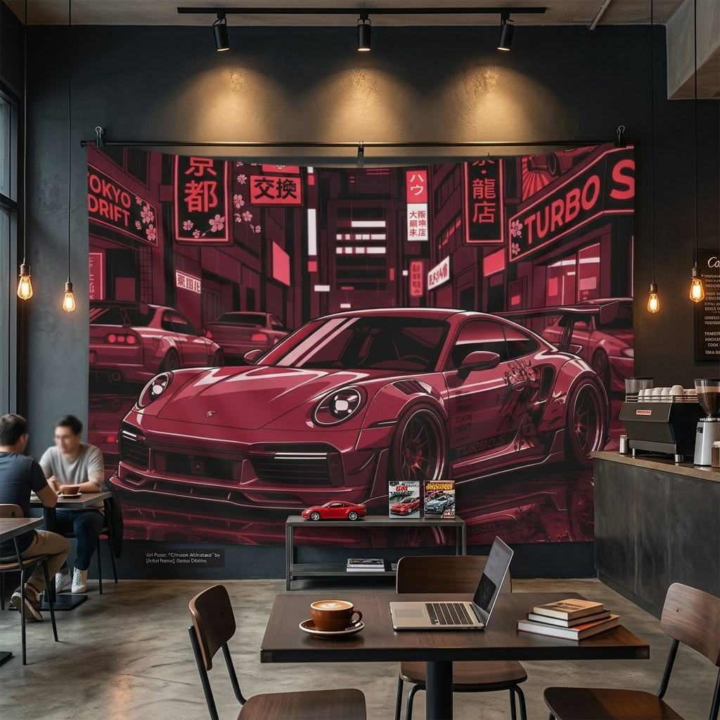 Porsche 911 JDM Tokyo Wall Art Neon Street Racing Tapestry