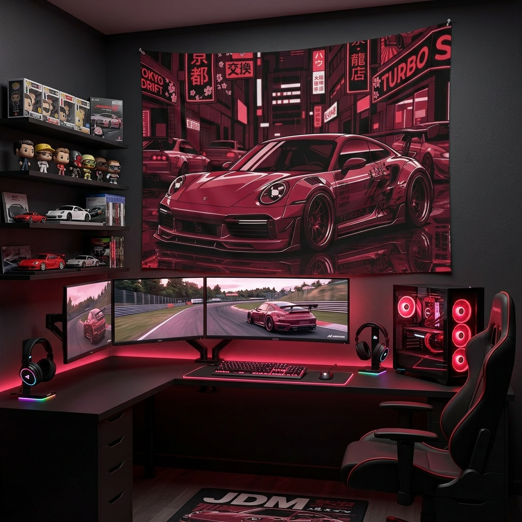 Porsche 911 JDM Tokyo Wall Art Neon Street Racing Tapestry