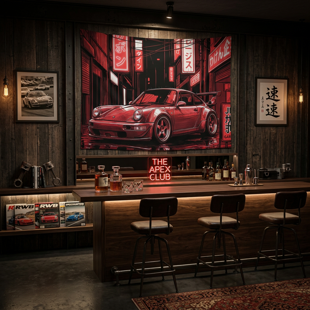 Retro Red Porsche 911 Wall Tapestry Neon JDM Street Car Art