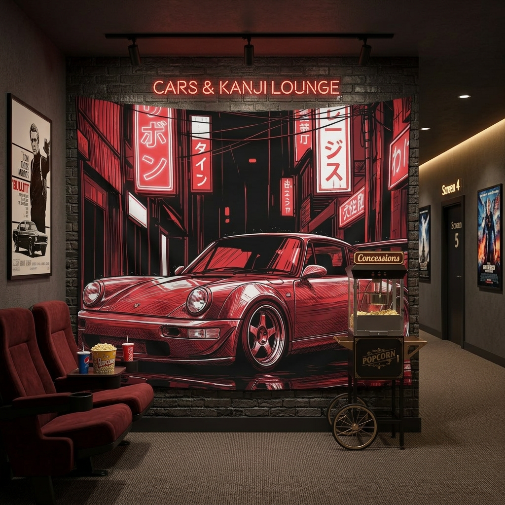 Retro Red Porsche 911 Wall Tapestry Neon JDM Street Car Art