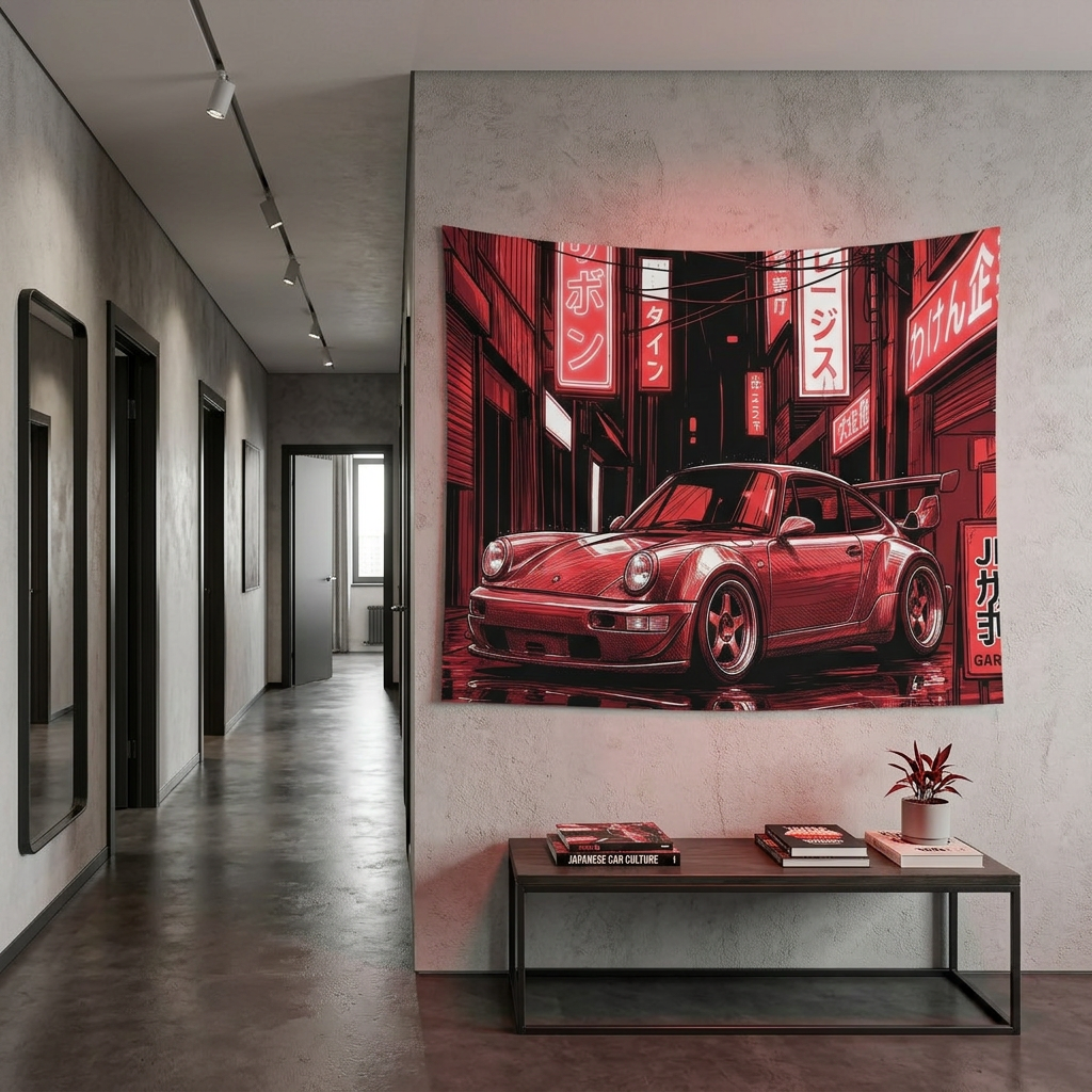 Retro Red Porsche 911 Wall Tapestry Neon JDM Street Car Art