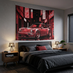 Retro Red Porsche 911 Wall Tapestry Neon JDM Street Car Art