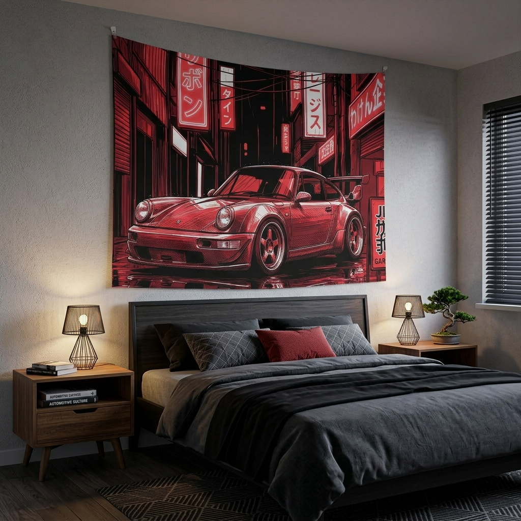 Retro Red Porsche 911 Wall Tapestry Neon JDM Street Car Art